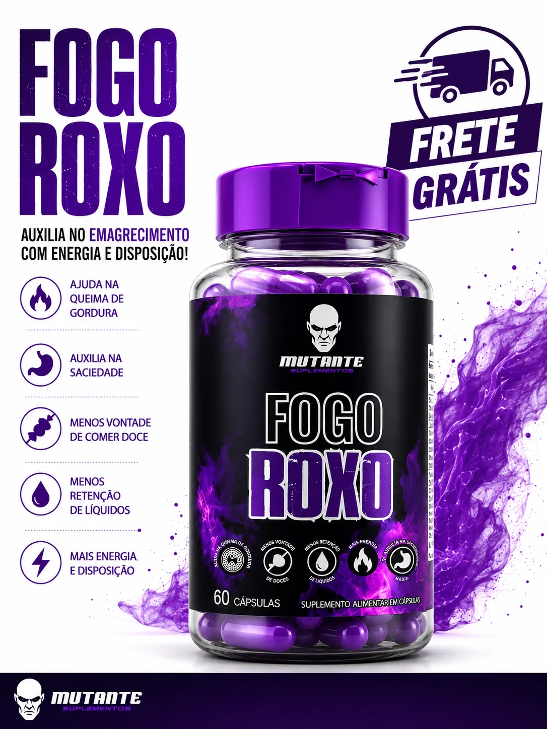 Pote oficial de Fogo Roxo com 60 cápsulas